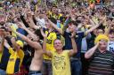 Oxford United fans celebrate at Wembley