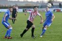 Evesham United's Lewis Powell on the attack against Larkhall Athletic. Picture: DAVID GRIFFITHS