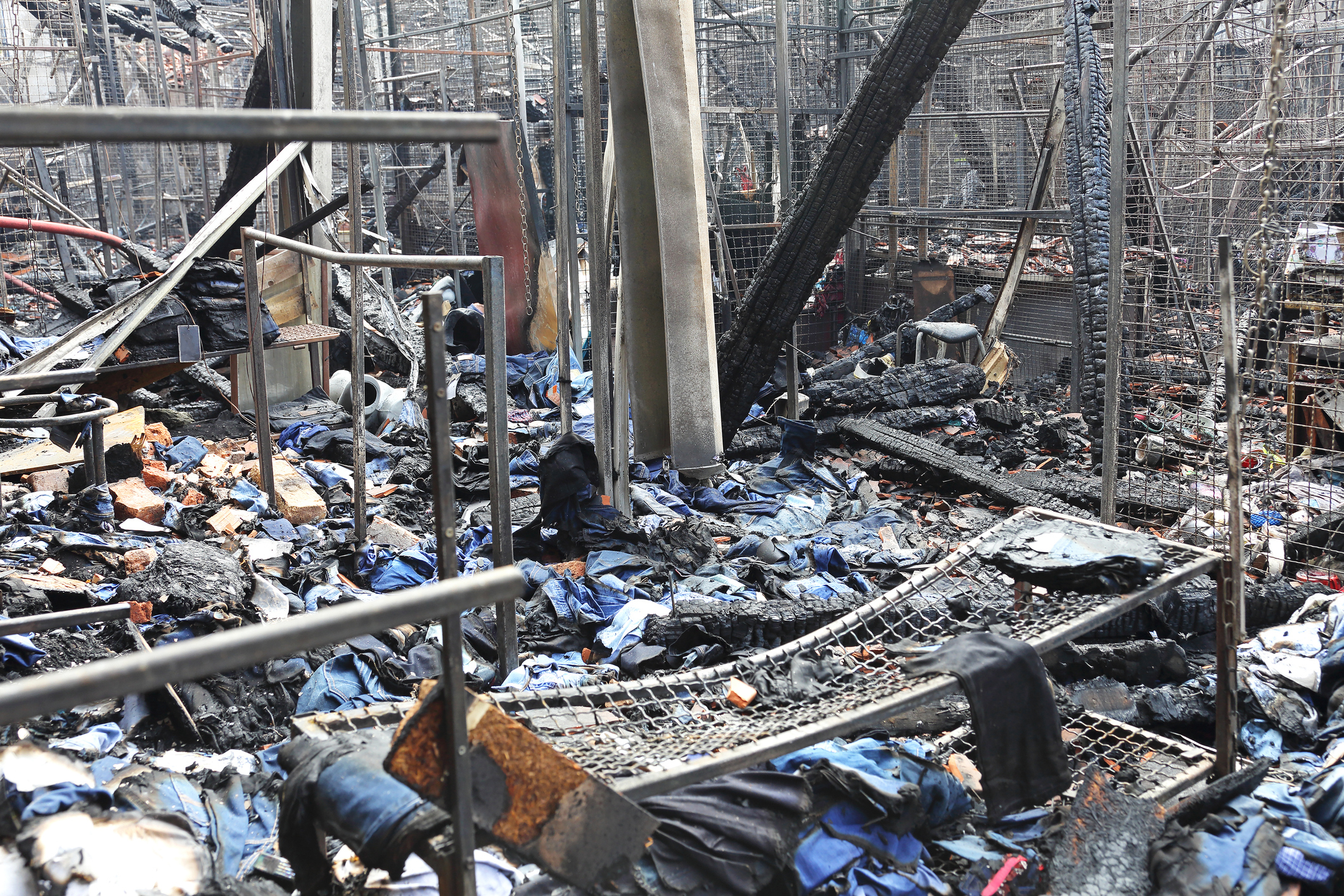Burned sweatshop garment factory after fire disaster