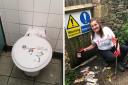SHOCK: Police have increased patrols since Karen Blanchfield (right) found more than 50 needles and syringes during Evesham's the Great British Spring clean event. Left: drug Paraphenalia was found in a public toilet