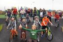 Hannah Escott, CEO of Open Trail Cycle Coaching and Forest School, and excited cyclists at the opening of Evesham VeloPark.