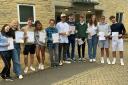 Chipping Campden School pupils pick up A-Level results. L to R: Rachel Enstone, Amelia Field, Aaron Rigg, Freya Edwards, Christopher Wainright, Ben Jensen, Alex Thackway, Charlie Ryman, Alice Timms, Oscar Banks and Harry Ward