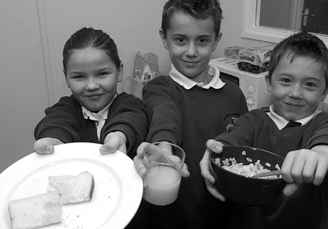 St Richard’s First School and Evesham Nursery School started a breakfast club in January 2004. At the Early Birds club are, from left, Bethany Burdett, Jack and Will Gardner