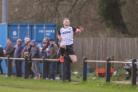 Jordan Sheen celebrates the opening goal for Lydney Town after four minutes. Picture: Matt Cale