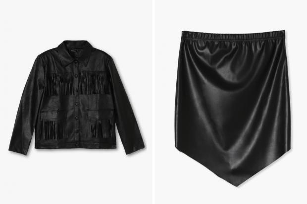 Cotswold Journal: (Left) Fringe Faux Leather Jacket and (right) Pointed Hem PU Mini Skirt in black (Boohoo/Canva)