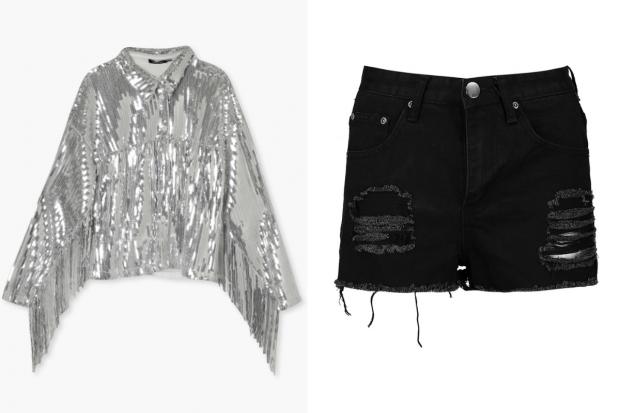 Cotswold Journal: (Left) Sequin Fringe Detail Shirt and (right) Petite High Rise Distressed Denim Shorts (Boohoo/Canva)