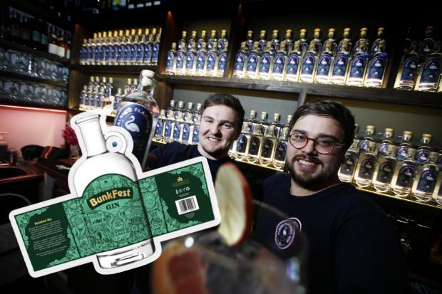 Sam Smith and Rob McGregor with (inset) the new BunkFest Gin Picture: Ed Nix