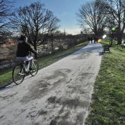WEATHER WARNING: A cyclist rides over the ice on the bund next to Hylton Road in 2019