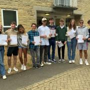 Chipping Campden School pupils pick up A-Level results. L to R: Rachel Enstone, Amelia Field, Aaron Rigg, Freya Edwards, Christopher Wainright, Ben Jensen, Alex Thackway, Charlie Ryman, Alice Timms, Oscar Banks and Harry Ward
