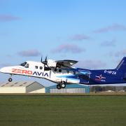 The hydrogen-electric powered plane taking off at Cotswold Airport