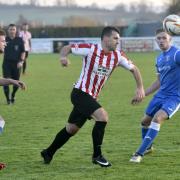 Evesham United's Lewis Powell on the attack against Larkhall Athletic. Picture: DAVID GRIFFITHS