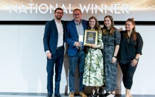 The Frogmill in Shipton Oliffe has been named pub of the year at the 2022 National Pub & Bar Awards. L-R: Pub & Bar Magazine editor Tristan O’Hana, The Frogmill manager Simon Stanbrook, and Brakspear's Sophie Johnson, Vicky Manning, and Jaci Fletcher